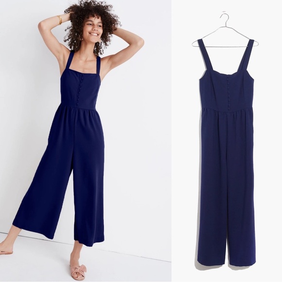 Madewell • Smocked Button-Front Crop Jumpsuit navy blue Nightfall wide leg - Picture 1 of 12